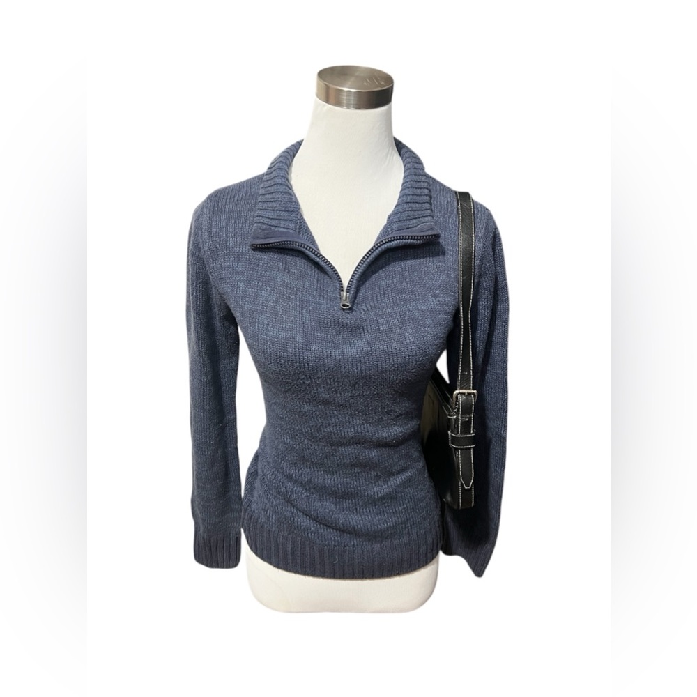 Blue wool blend sweater with zipper collar